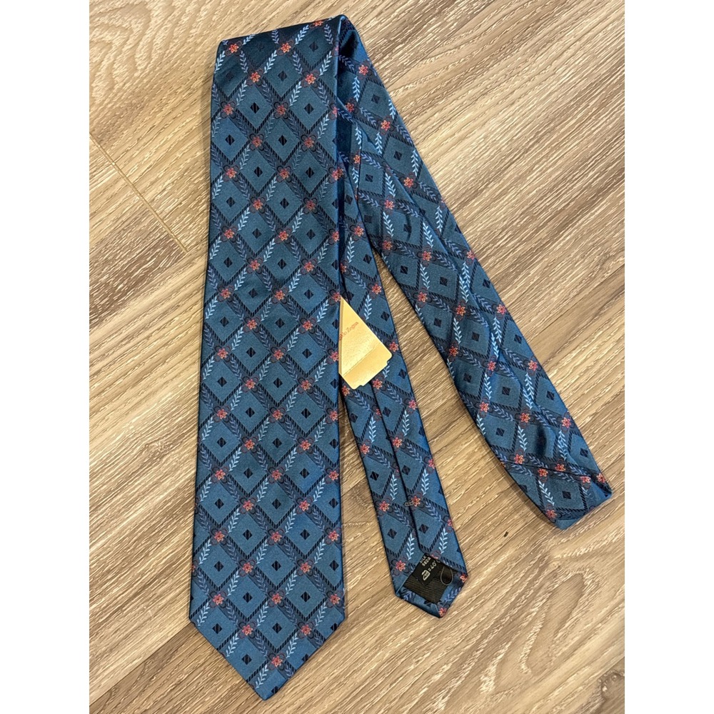 Ermenegildo Zegna Mens Blue Silk Geometric Floral Diamond Tie Made in Italy NWT